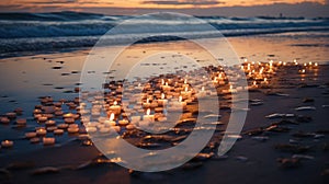 a bunch of candles that are sitting in the sand on the beach near the water and the waves coming in to the shore line the beach