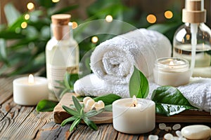 A bunch of candles, towels and lotions are on a wooden table, AI photo