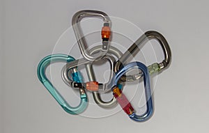 A bunch of carabiners, some screw gate and pear shaped, another automatic locking or D shaped