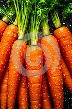Bunch of carrots with water droplets on them are stacked on top of each other. Generative AI