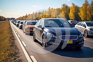 A bunch of cars that are sitting in highway traffic