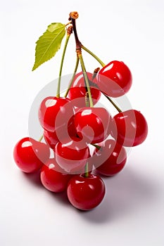 Bunch of cherries with leaf on white background. Generative AI