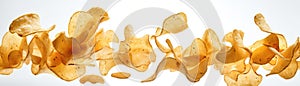 A Bunch Of Chips Flying In The Airon White Background Wde Panoramic. Generative AI