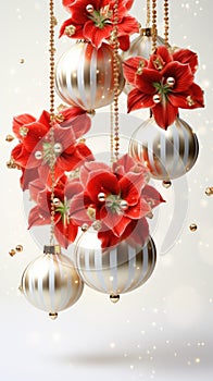 A bunch of christmas ornaments hanging from a string. Amaryllis flowers.