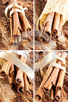 Bunch of cinnamon sticks as a collage