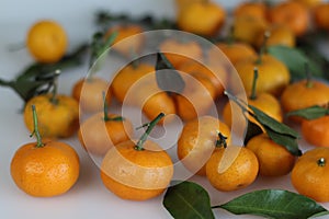 A bunch of Clementine fruit. It is a tangor, a citrus fruit hybrid between a willowleaf mandarin orange and a sweet orange photo