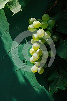 Bunch cluster of fresh ripe green grapes hanging against textured green wall