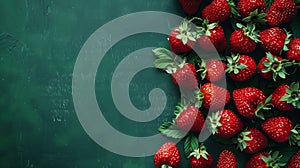 Bunch of cluster of fresh ripe strawberries placed against dark green textured background