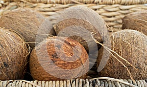 A bunch of coconuts in a basket photo