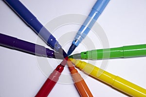 A bunch of colored markers laid out in rainbow order. stationery concept. copy space. isolated