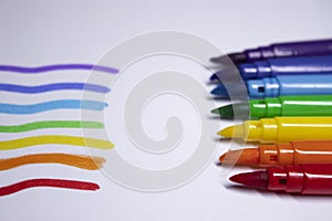 A bunch of colored markers laid out in rainbow order. stationery concept. copy space. isolated