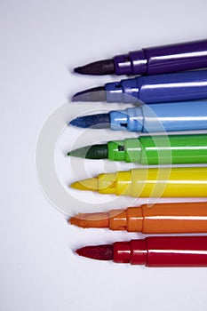 A bunch of colored markers laid out in rainbow order. stationery concept. copy space. isolated