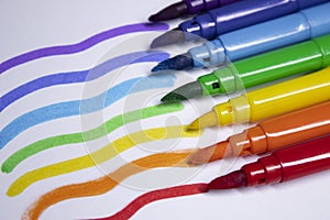 A bunch of colored markers laid out in rainbow order. stationery concept. copy space. isolated