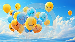 A bunch of colorful balloons floating in a bright blue sky, forming a smiling face i