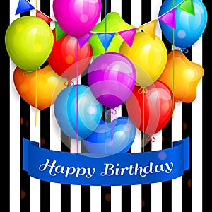 Bunch of colorful birthday balloons and color buntings flags on striped background. Vector.