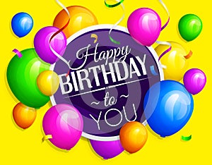 Bunch of colorful birthday balloons with streamers on yellow background. Vector.