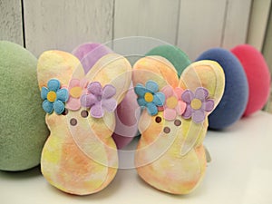 Hippie Easter peeps, with colorful bright Easter eggs photo