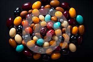 a bunch of colorful candy beans on a black background