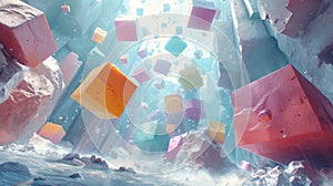 A bunch of colorful cubes are floating in a watery area, AI