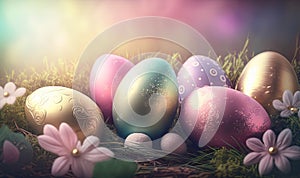 a bunch of colorful easter eggs in a field of grass with daisies and daisies on the grass, with a bright background of flowers
