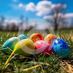 Bunch of colorful Easter eggs are sitting on the grass