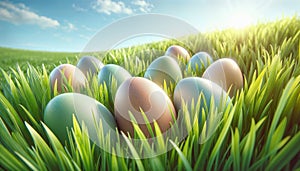 A bunch of colorful eggs in fresh green grass under spring sunshine and blue sky. Easter themed composition created with AI
