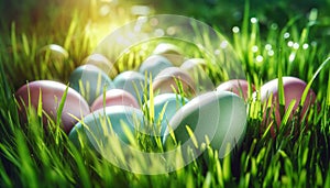 A bunch of colorful eggs in fresh green grass under spring sunshine. Easter themed composition created with AI