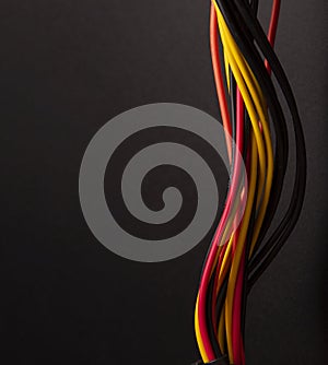 Bunch of colorful electrical telecommunication wire close-up. Telecommunication internet cable network and computer system. On