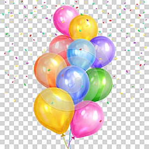 Bunch of colorful helium balloons on transparent back