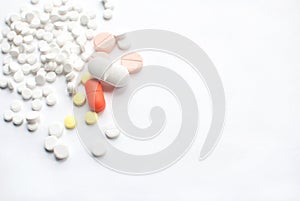 Bunch of colorful Medical Pills on white background. closeup. Healthcare and medicine. Medical pharmacy concept. Health