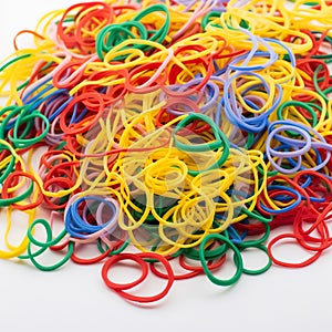 Bunch of colorful multi color small rubber bands elastic bands on a white background