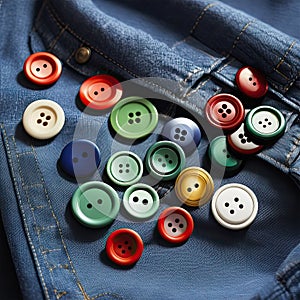 A bunch of colorful sewing buttons on the background of jeans