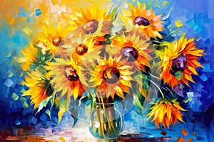 Bunch of Colorful SunFlowers on Blue Brush Strokes Painting