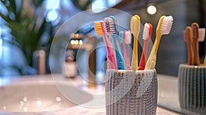 A bunch of colorful toothbrushes in a cup on the counter, AI