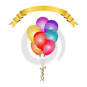 Bunch of colorful transparent balloons isolated background and gold ribbon banner for text. Vector illustration.