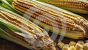 Bunch of corn with green leaves on top. The corn is yellow and has a white tip