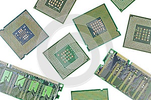Bunch of CPU, central processor units and RAM, random-access memory, isolated background