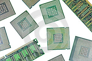 Bunch of CPU, central processor units and RAM, random-access memory, isolated background