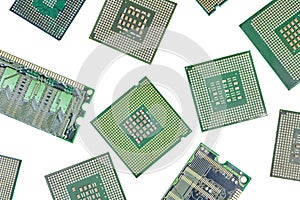 Bunch of CPU, central processor units and RAM, random-access memory, isolated background