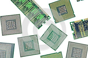 Bunch of CPU, central processor units and RAM, random-access memory, isolated background