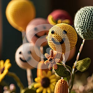 A bunch of crocheted flowers with smiley faces on them, AI