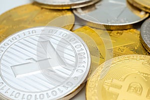 Bunch of Crypto currency coins with focus on LTC Litecoin