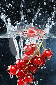 bunch of currants falling into water, with splashes, freshness, Generated image
