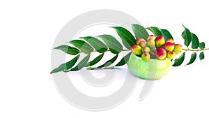 Bunch of curry leaves and fruits isolated on white background