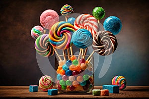 bunch of different colored candies and lollipops, generative AI