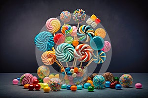 bunch of different colored candies and lollipops, generative AI