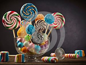 bunch of different colored candies and lollipops, generative AI