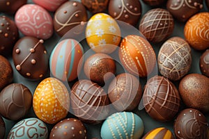 A bunch of different colored chocolate eggs, some of them peeled, arranged on a decorated Easter background