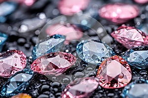 A bunch of different colored diamonds on a black surface