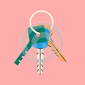 Bunch of different keys with ring keyholder. Colored hand drawn house keys. Modern door keys. Home security illustration